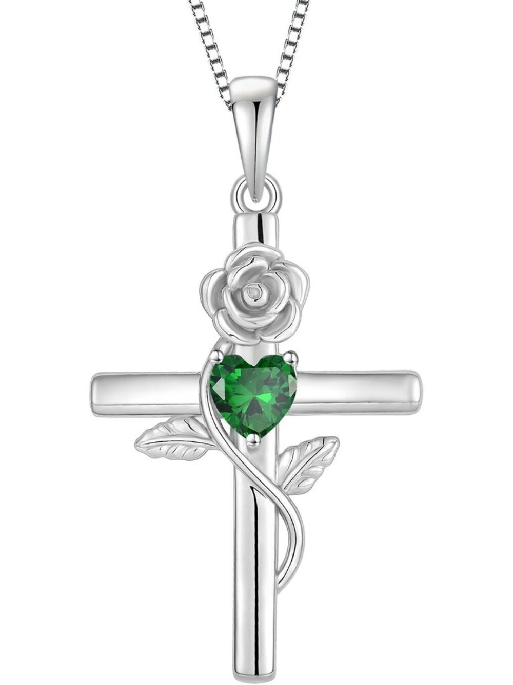 Women’s Green Sterling Silver Crucifix Flower Cross Birthstone Necklace Jewelry